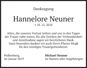 Todesanzeige von Hannelore Neuner von merkurtz