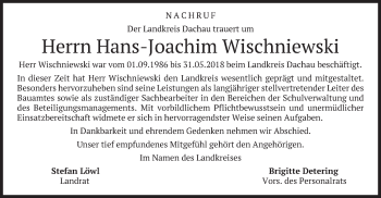 Todesanzeige von Hans-Joachim Wischniewski von merkurtz