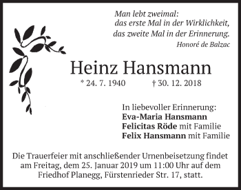 Todesanzeige von Heinz Hansmann von merkurtz