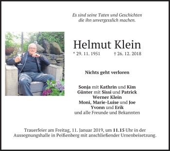 Todesanzeige von Helmut Klein von merkurtz