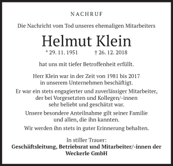 Todesanzeige von Helmut Klein von merkurtz