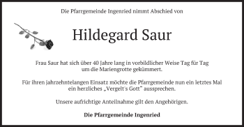 Todesanzeige von Hildegard Saur von merkurtz