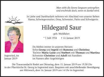 Todesanzeige von Hildegard Saur von merkurtz