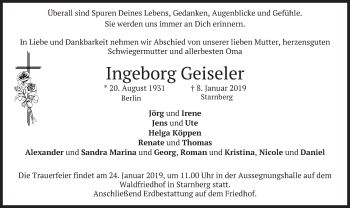 Todesanzeige von Ingeborg Geiseler von merkurtz