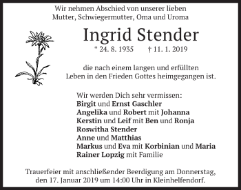 Todesanzeige von Ingrid Stender von merkurtz