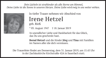 Todesanzeige von Irene Hetzel von merkurtz