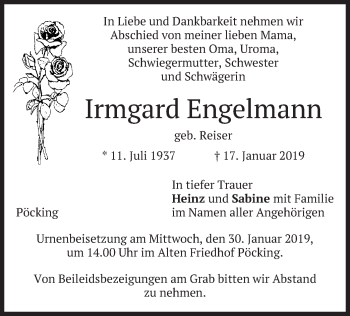 Todesanzeige von Irmgard Engelmann von merkurtz