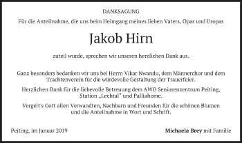 Todesanzeige von Jakob Hirn von merkurtz