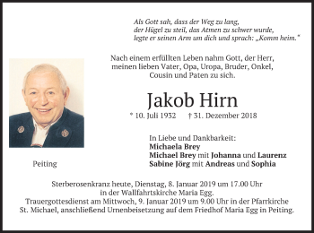 Todesanzeige von Jakob Hirn von merkurtz