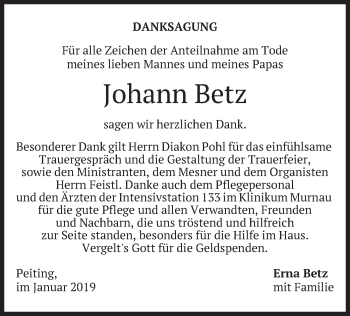 Todesanzeige von Johann Betz von merkurtz