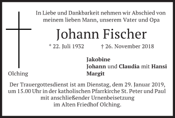 Todesanzeige von Johann Fischer von merkurtz