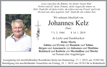 Todesanzeige von Johannes Kelz von merkurtz