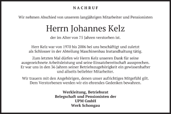 Todesanzeige von Johannes Kelz von merkurtz