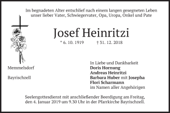 Todesanzeige von Josef Heinritzi von merkurtz