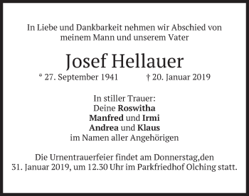 Todesanzeige von Josef Hellauer von merkurtz