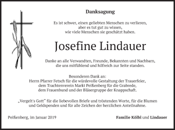 Todesanzeige von Josefine Lindauer von merkurtz