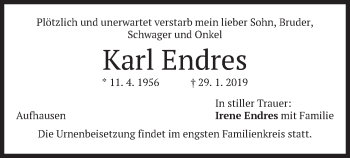 Todesanzeige von Karl Endres von merkurtz
