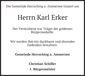 Todesanzeige von Karl Erker von merkurtz
