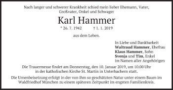 Todesanzeige von Karl Hammer von merkurtz
