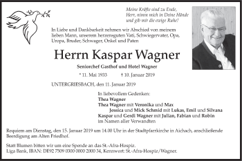 Todesanzeige von Kaspar Wagner von merkurtz