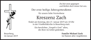 Todesanzeige von Kreszenz Zach von merkurtz
