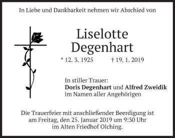 Todesanzeige von Liselotte Degenhart von merkurtz