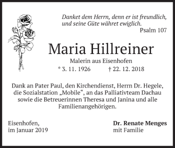 Todesanzeige von Maria Hillreiner von merkurtz