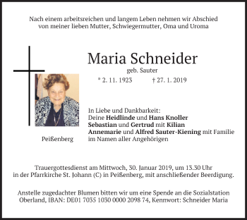 Todesanzeige von Maria Schneider von merkurtz