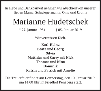 Todesanzeige von Marianne Hudetschek von merkurtz