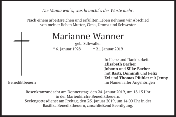 Todesanzeige von Marianne Wanner von merkurtz