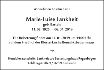 Todesanzeige von Marie-Luise Lankheit von merkurtz