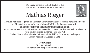 Todesanzeige von Mathias Rieger von merkurtz