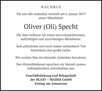 Todesanzeige von Oliver Specht von merkurtz