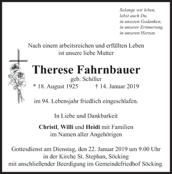 Todesanzeige von Therese Fahrnbauer von merkurtz