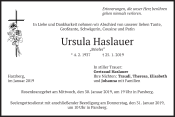 Todesanzeige von Ursula Haslauer von merkurtz
