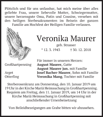 Todesanzeige von Veronika Maurer von merkurtz