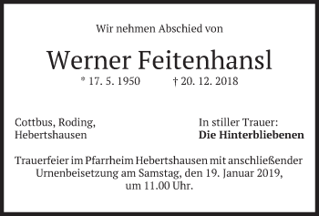 Todesanzeige von Werner Feitenhansl von merkurtz
