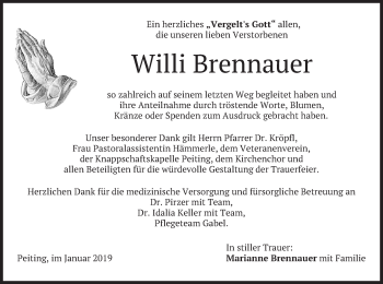 Todesanzeige von Willi Brennauer von merkurtz