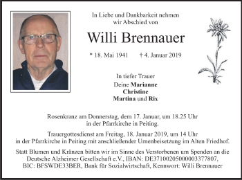 Todesanzeige von Willi Brennauer von merkurtz