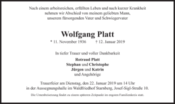 Todesanzeige von Wolfgang Platt von merkurtz