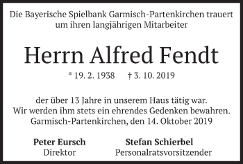 Todesanzeige von Alfred Fendt von merkurtz