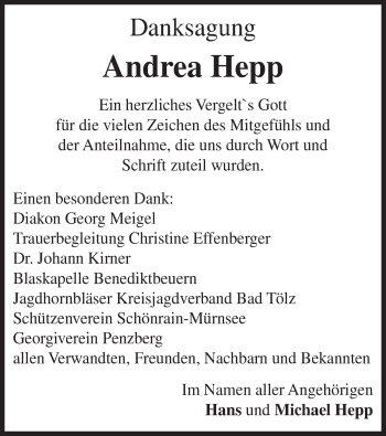 Todesanzeige von Andrea Hepp von merkurtz