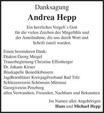 Todesanzeige von Andrea Hepp von Das Gelbe Blatt Penzberg