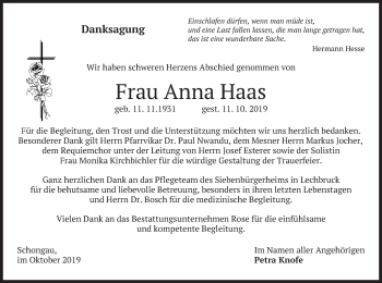 Todesanzeige von Anna Haas von merkurtz