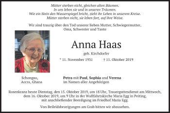 Todesanzeige von Anna Haas von merkurtz