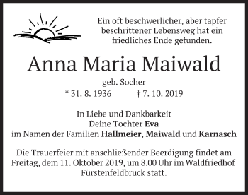 Todesanzeige von Anna Maria Maiwald von merkurtz