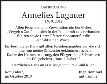 Todesanzeige von Annelies Lugauer von merkurtz