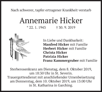 Todesanzeige von Annemarie Hicker von merkurtz