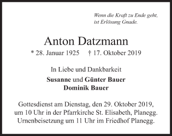 Todesanzeige von Anton Datzmann von merkurtz