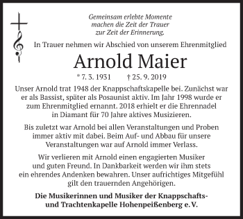 Todesanzeige von Arnold Maier von merkurtz